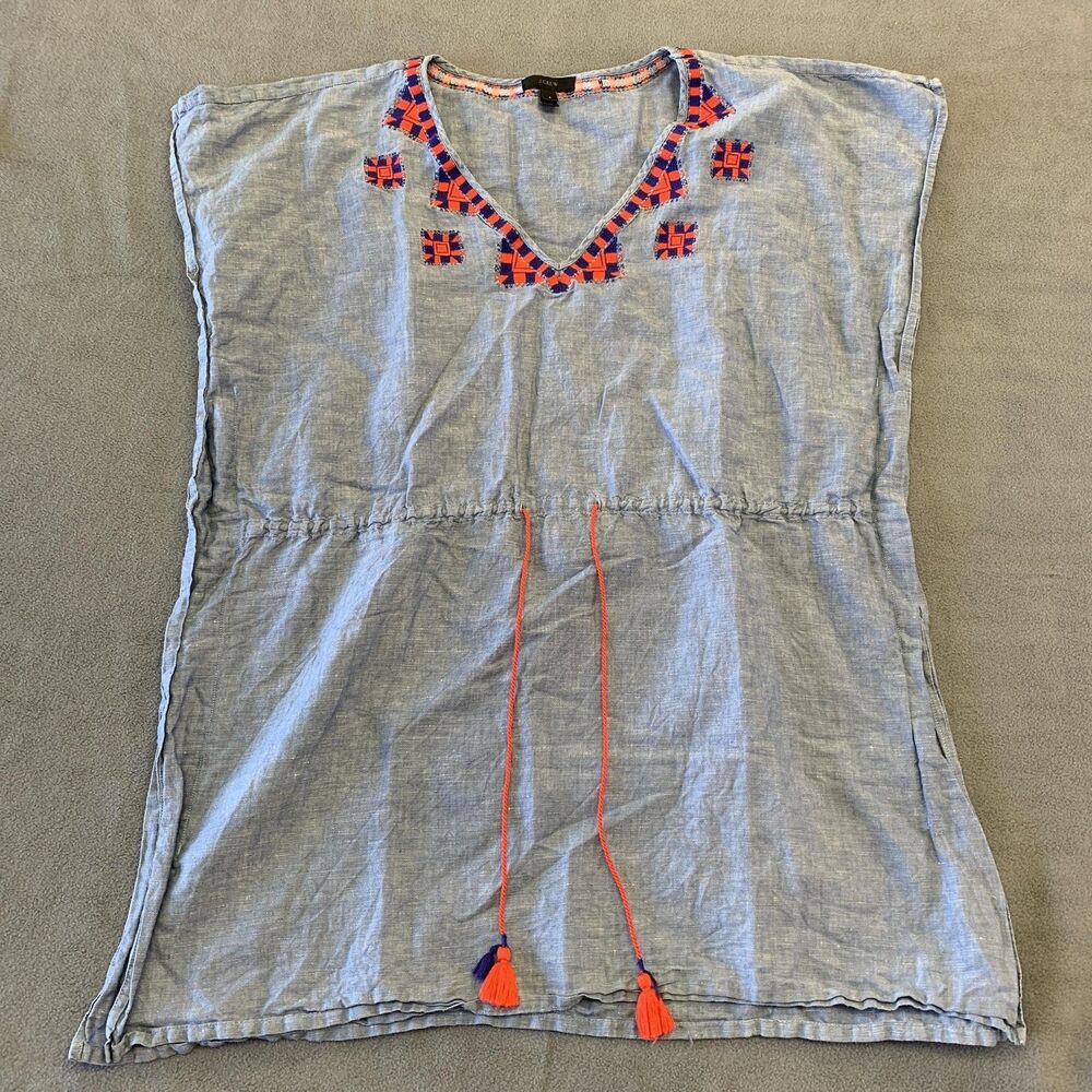 J.Crew Dress Womens Small Blue Linen Cotton Embroidered V Neck Tassel Boho Shift